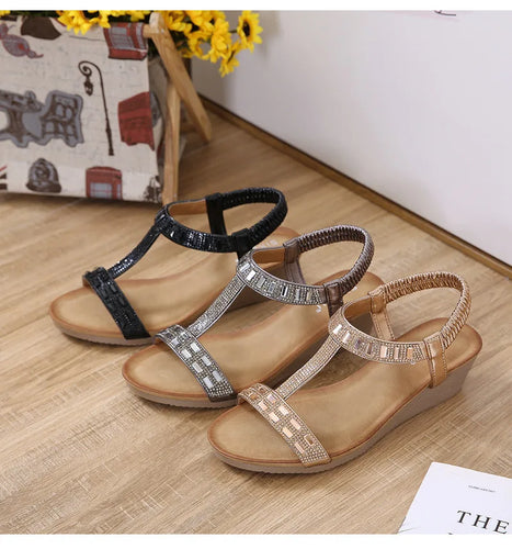 Women's Comfortable Sparkling Jeweled Wedge Gladiator Sandals