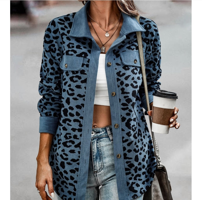 Women's Stylish Button Down Leopard Print Corduroy Shacket