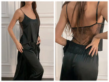 Women's Silky Black Pajamas Set With Lace Back