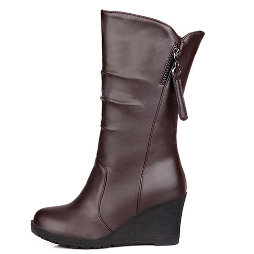 Women's Classic Black PU Wedge Heel Boots With Zipper Pull