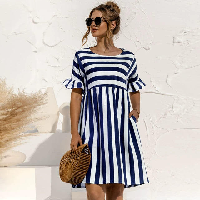 Women's Loose Summer Striped Dress Ruffled Sleeves Women's Loose Summer Striped Dress Ruffled Sleeves