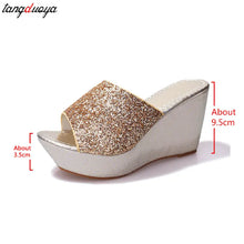 Women's Sparkly High Wedge Mesh Slip On Sandals