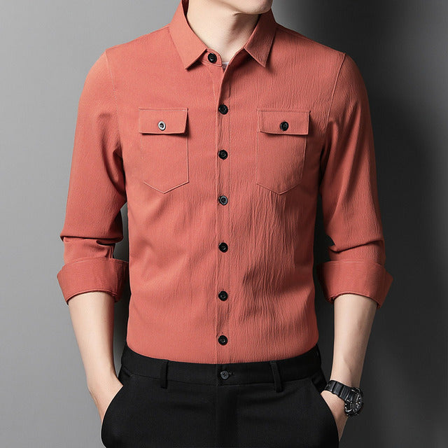 Men's Casual Long Sleeve Two Pocket Dress Shirt
