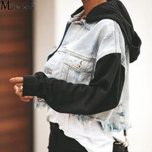Women's Ripped Denim Hooded Patchwork Jeans Jacket
