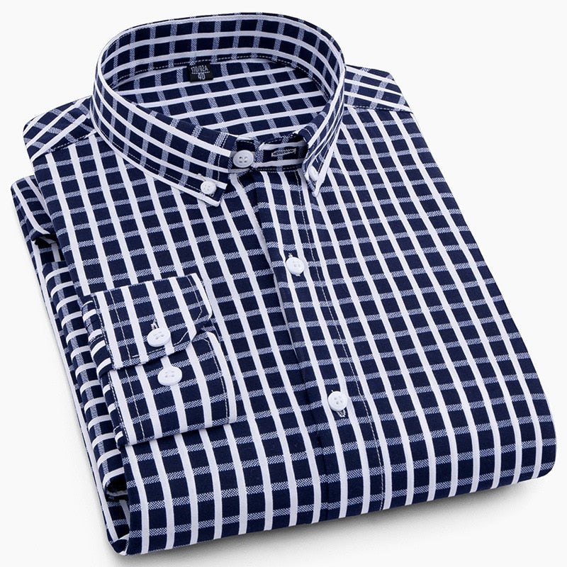 Men's Long Sleeve Oxford Style Checkered Dress Shirt
