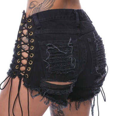 Women's Ripped Lace Up Black Jeans Shorts