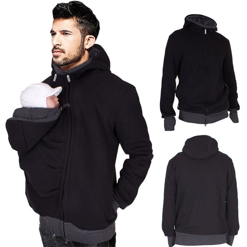 Men's Popular Black Kangaroo Baby Carrier Hoodie Jacket