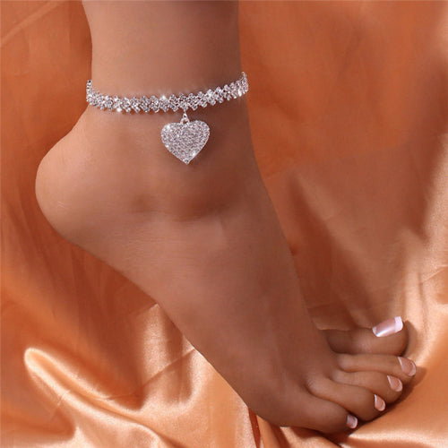 Women's Sparkling Rhinestone Heart Anklet
