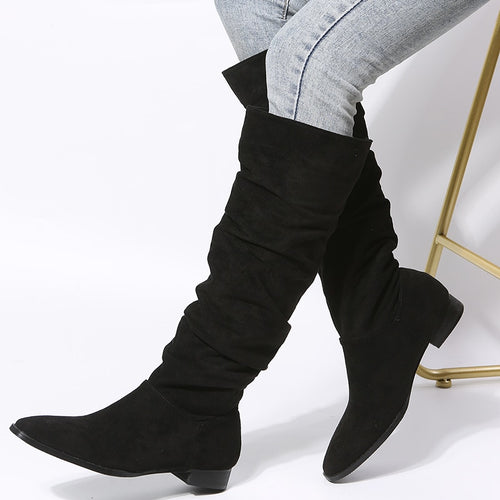 Women's Pleated Low Heel Knee High Microfiber Boots