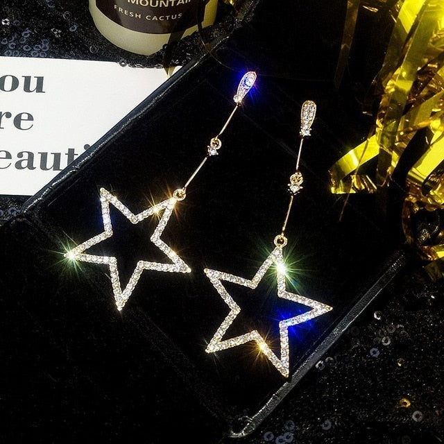 Popular Long Rhinestone Crystal Star Drop Earrings