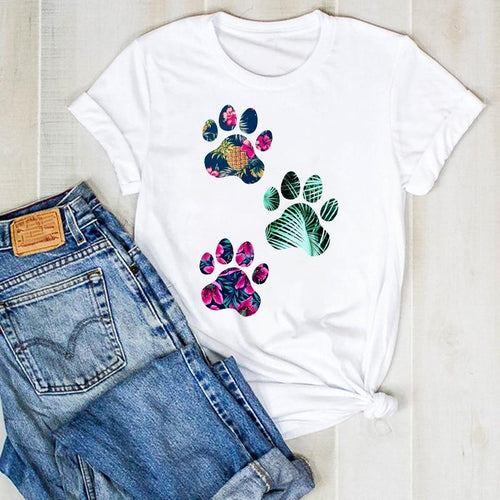Women's Puppy Dog Paw Print Graphic Tee Shirt - Classy Stores Online