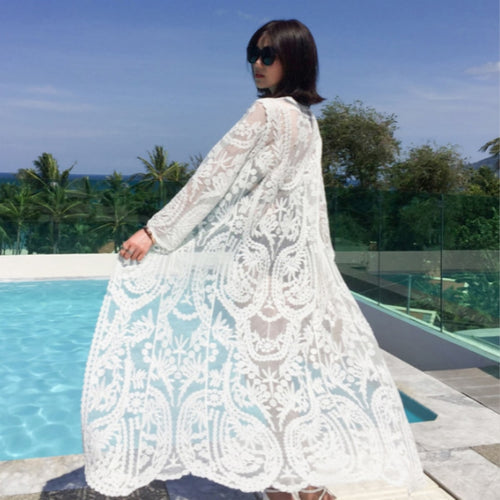Women's Long Sleeve White Lace Maxi Kimono Cover Up
