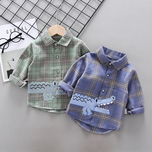 Toddler Boys Long Sleeve Plaid Dress Shirt With Motif
