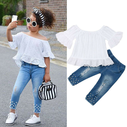 Junior Girls Two Piece White Swing Top And Denim Jeans