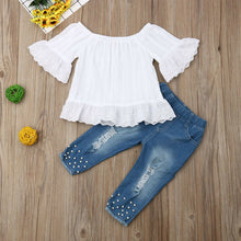 Junior Girls Two Piece White Swing Top And Denim Jeans