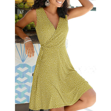 Women's Sleeveless V Neck Polka Dot Wrap Around Dress