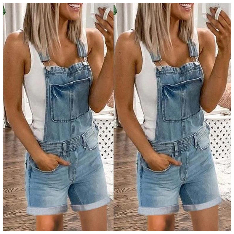 Women's Washed Denim Jeans Shorts Overalls Dungarees