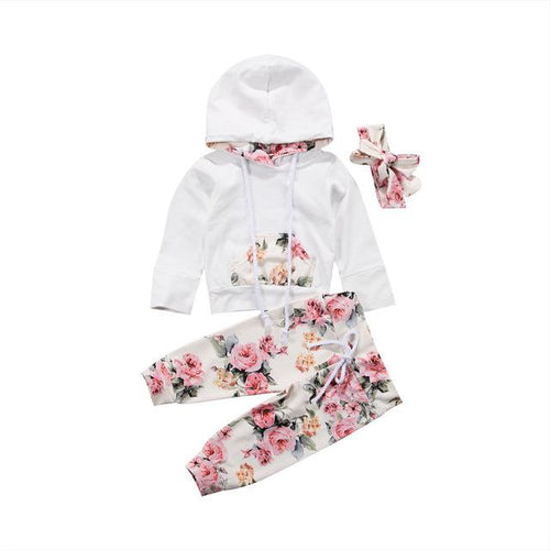 3 Piece Infant Toddler Baby Girl Floral Print Hoodie Set - Classy Stores Online